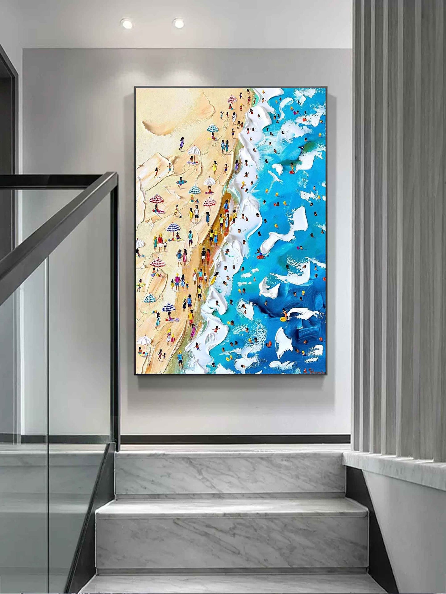 Vibrant Beach Scene Oil Painting with Sunbathers and Colorful Parasols