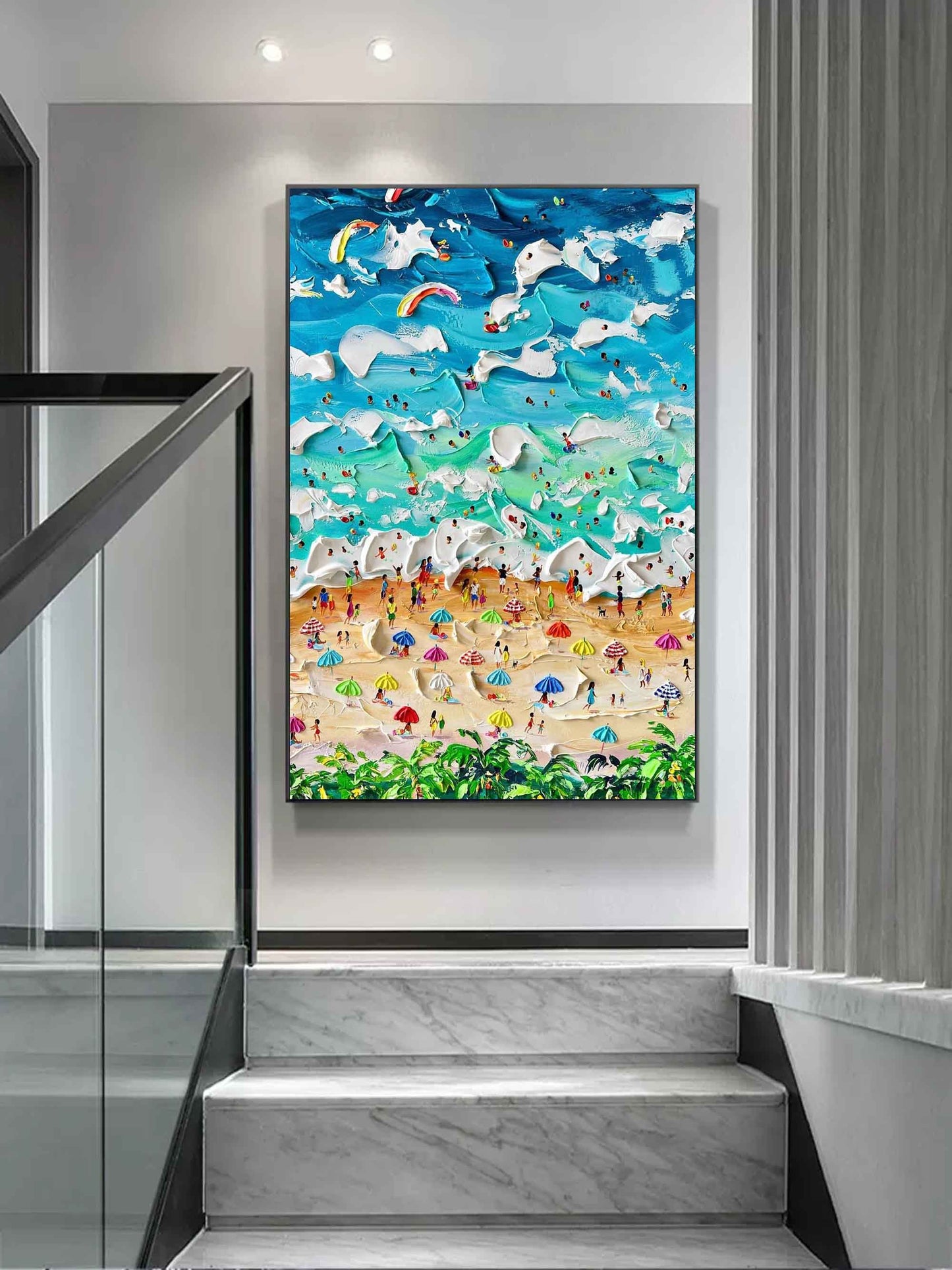 Vibrant Beach Scene Oil Painting with Textured Waves and Colorful Umbrellas