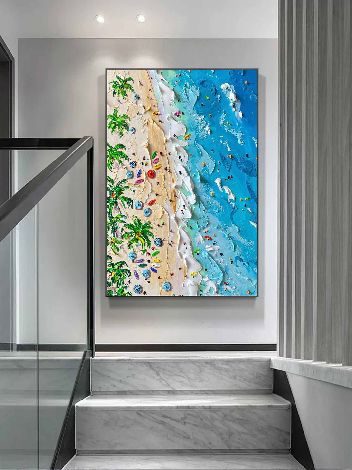 Vibrant Tropical Beach Oil Painting with Textured Waves and Lush Palm Trees