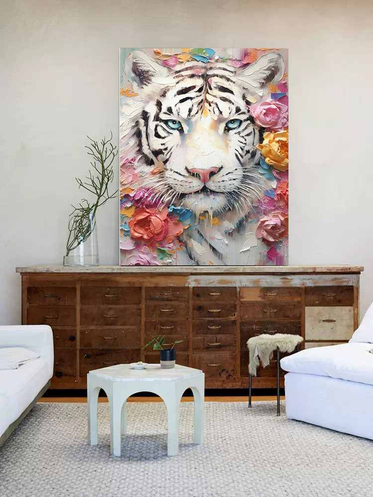 Majestic White Tiger Oil Painting with Floral Accents – Vibrant Wall Art Décor