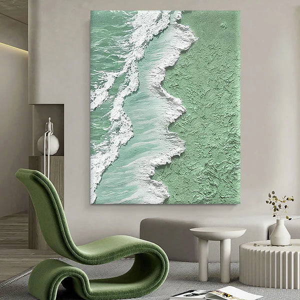 Textured Green Ocean Shoreline Oil Painting for Coastal Home Décor