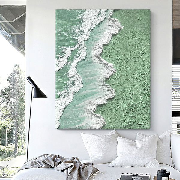 Textured Green Ocean Shoreline Oil Painting for Coastal Home Décor
