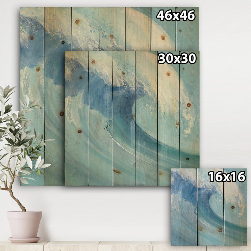 Ocean Wave Art - Handpainted Coastal Scene with White Foam on Pine Wood