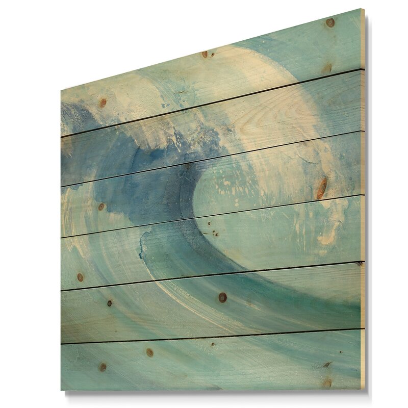 Ocean Wave Art - Handpainted Coastal Scene with White Foam on Pine Wood
