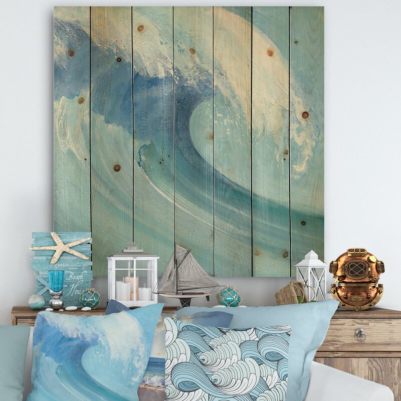 Ocean Wave Art - Handpainted Coastal Scene with White Foam on Pine Wood