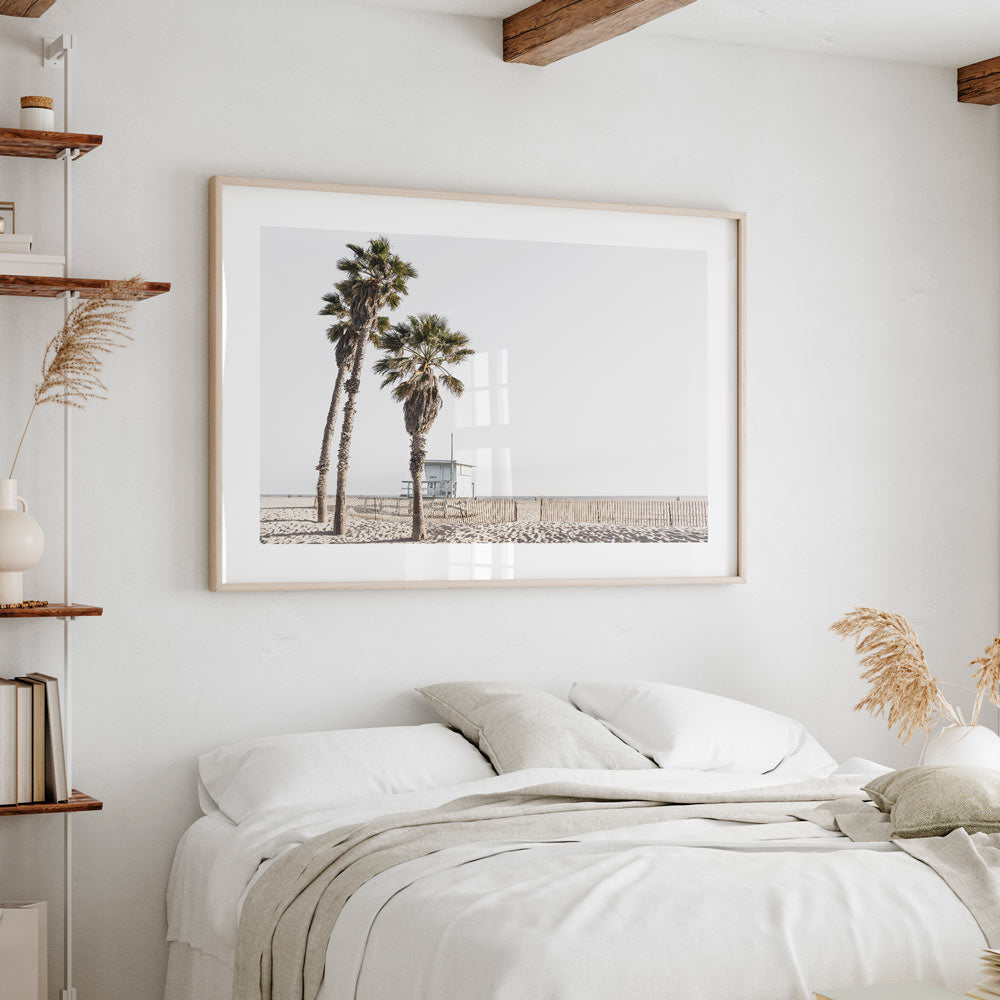 Serene Ocean View with Palm Trees and Beach House Oil Painting