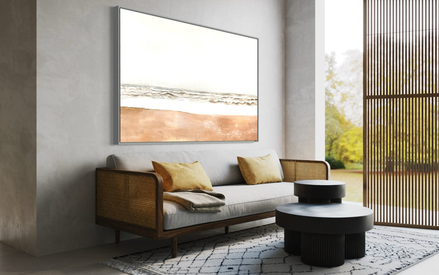 Serene Coastal Landscape Oil Painting, Beach Waves and Soft Sand Decor