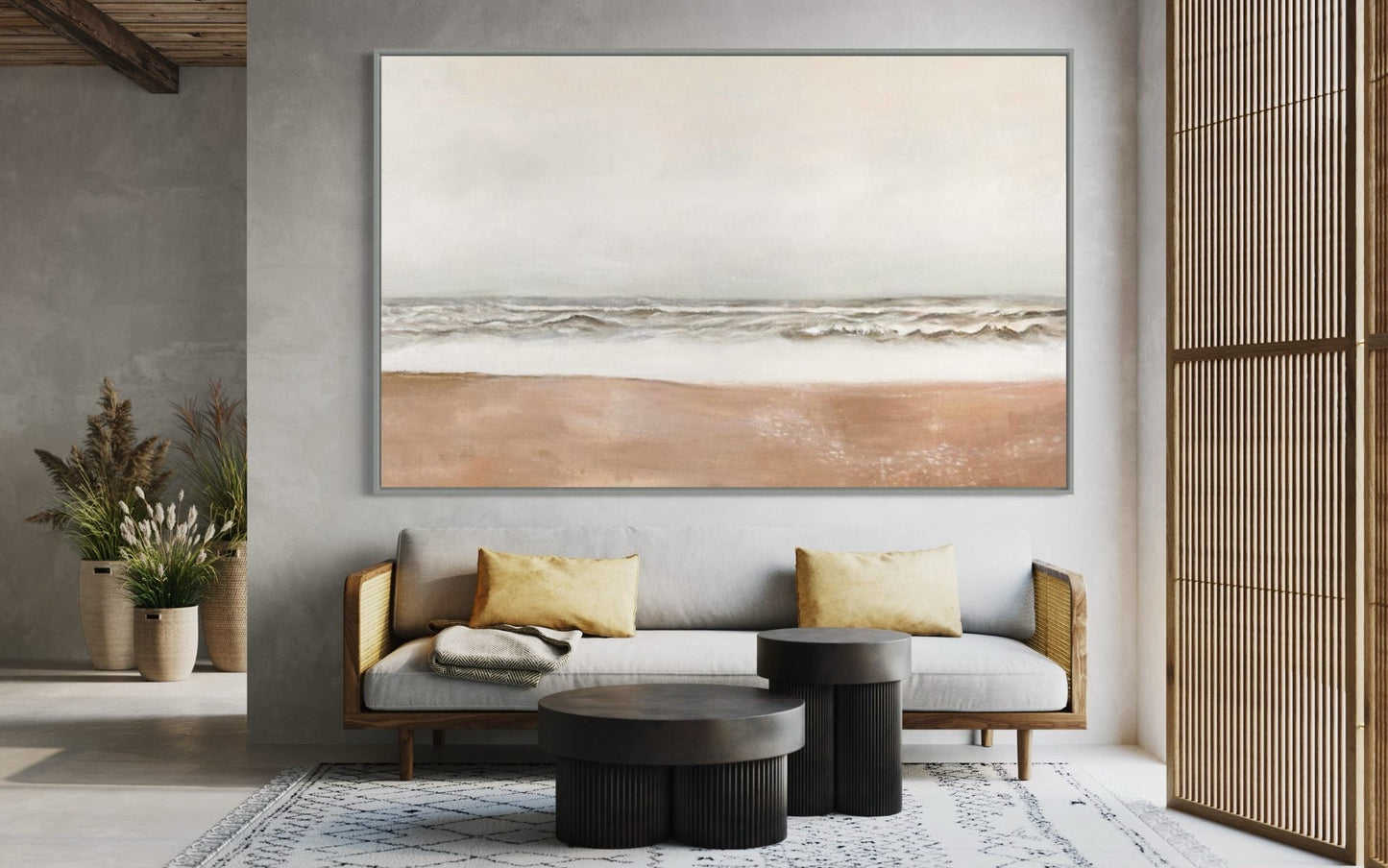 Serene Coastal Landscape Oil Painting, Beach Waves and Soft Sand Decor