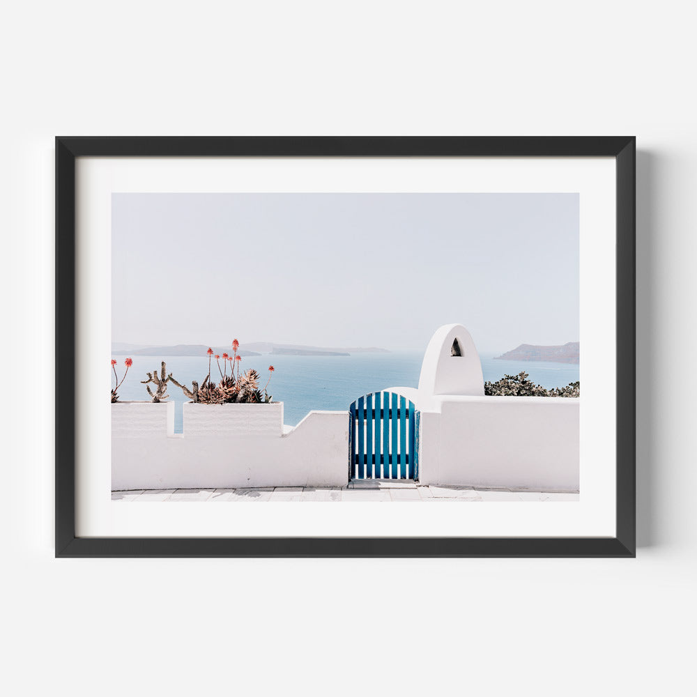 Serene Oia Landscape with Blue Gate and Coastal Views - Oil Painting