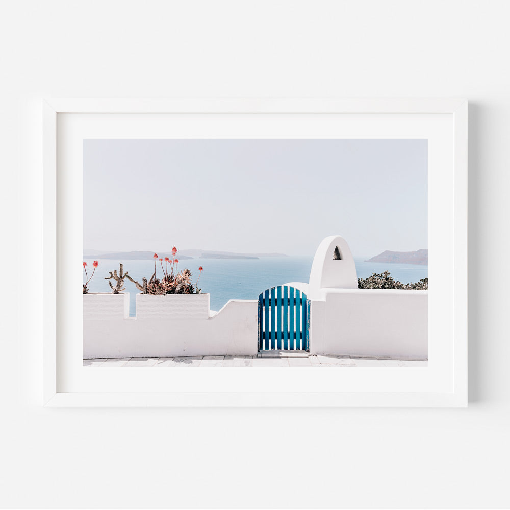 Serene Oia Landscape with Blue Gate and Coastal Views - Oil Painting