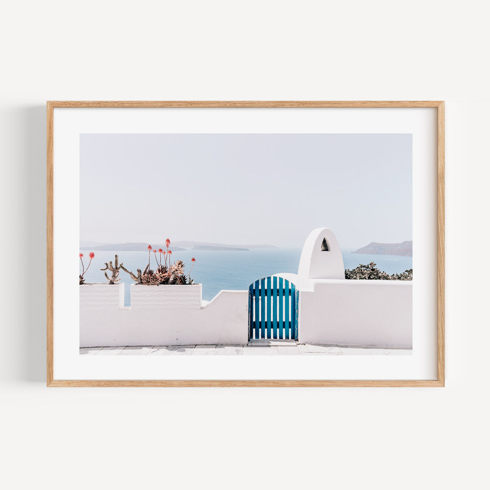 Serene Oia Landscape with Blue Gate and Coastal Views - Oil Painting