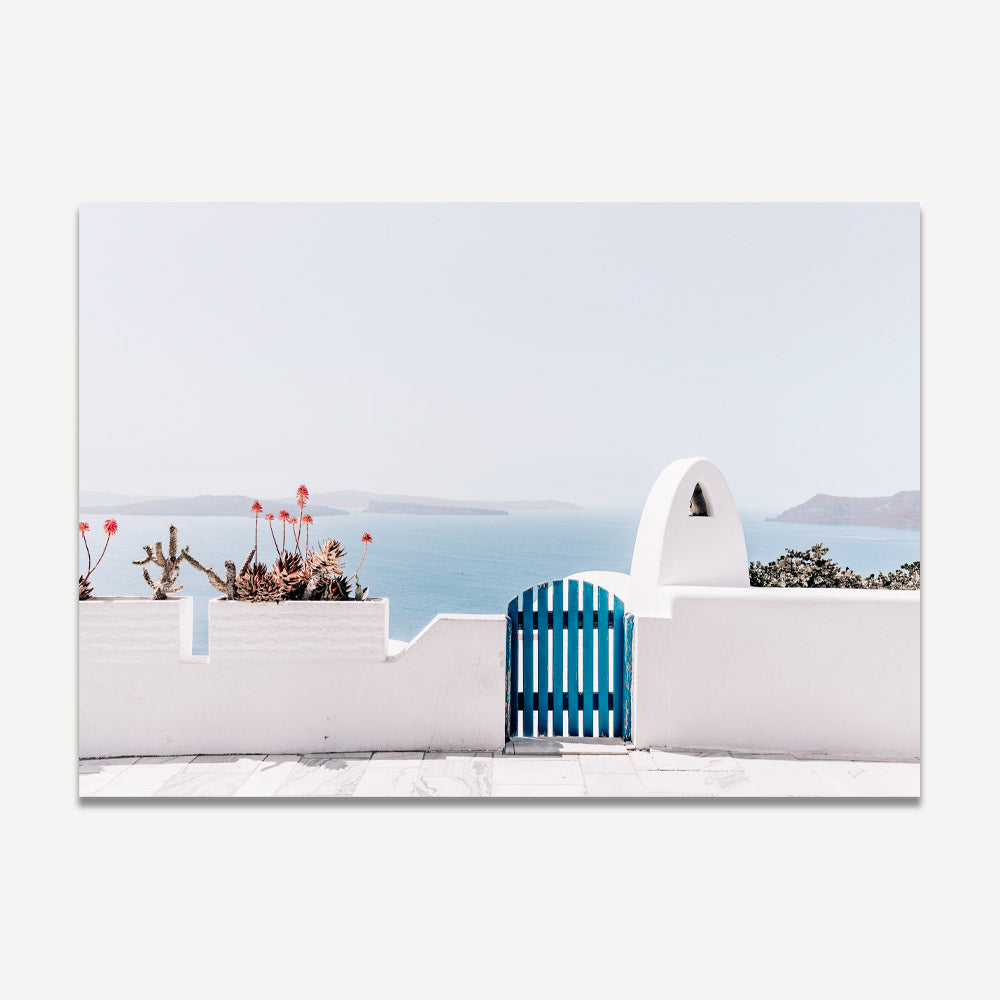 Serene Oia Landscape with Blue Gate and Coastal Views - Oil Painting