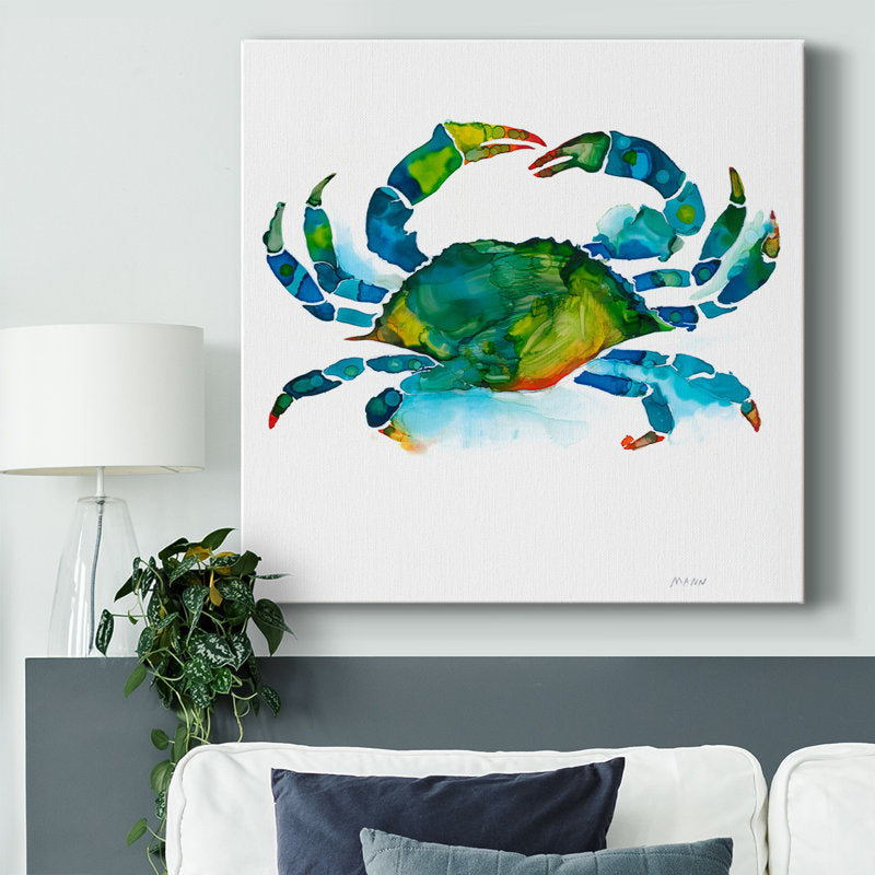 Vibrant Blue and Green Crab Oil Painting on Canvas for Coastal Home Decor