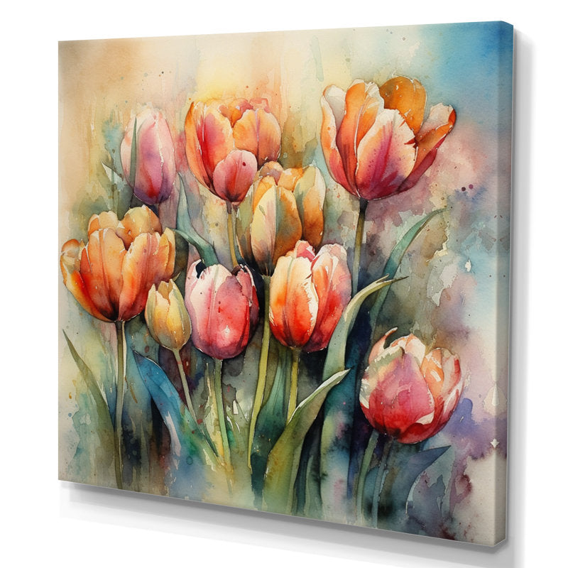 Vibrant Tulip Bouquet: Captivating Orange and Pink Floral Oil Painting