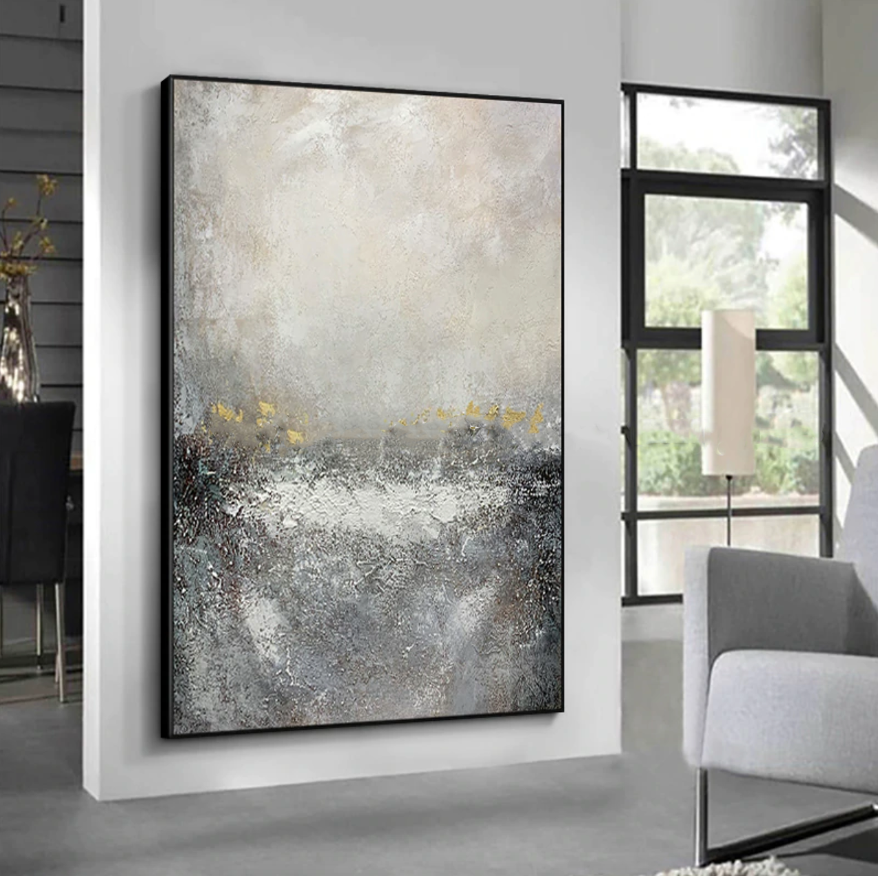 Contemporary Abstract Oil Painting in Soft Grays and Gold Accents