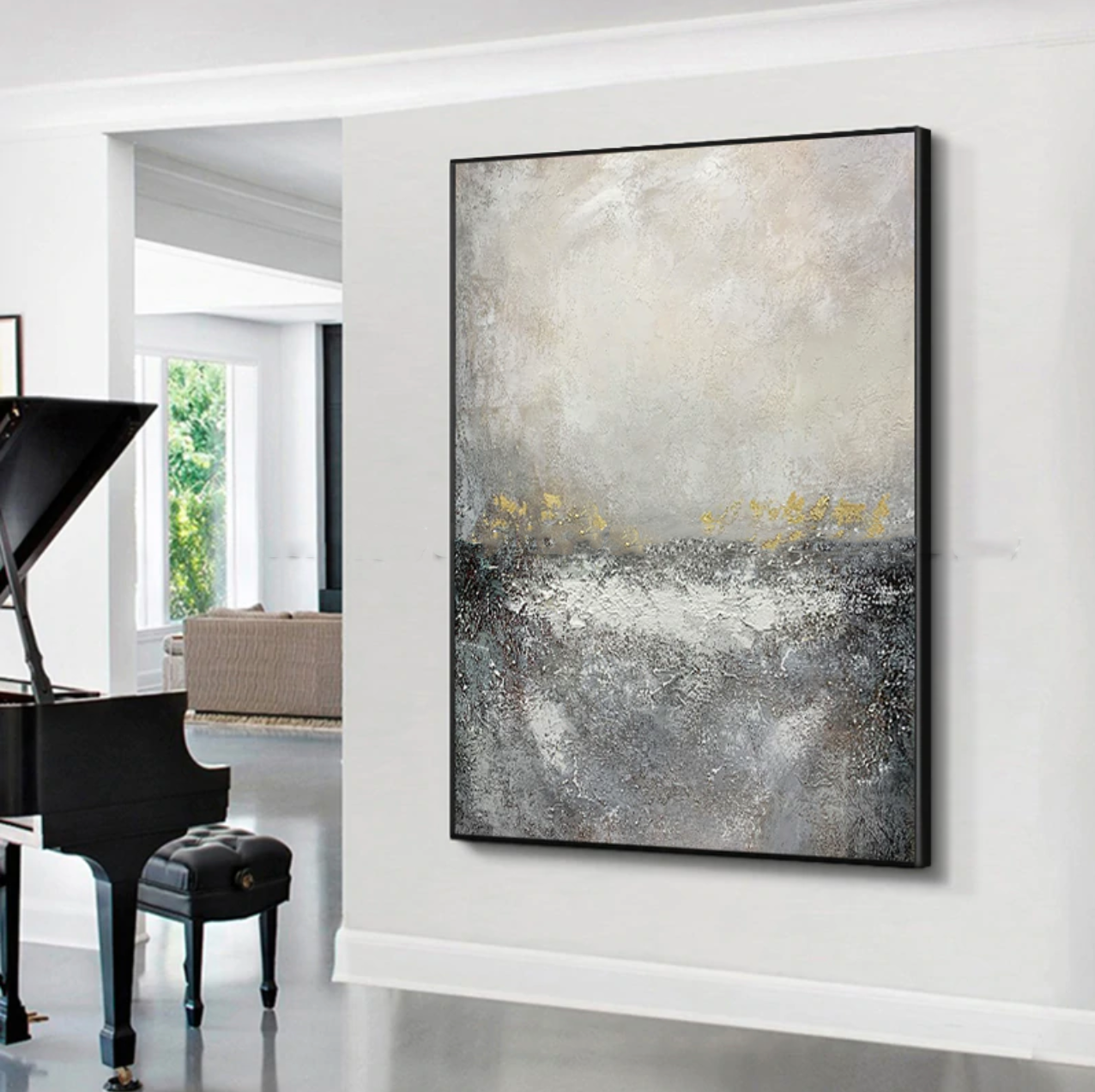 Contemporary Abstract Oil Painting in Soft Grays and Gold Accents