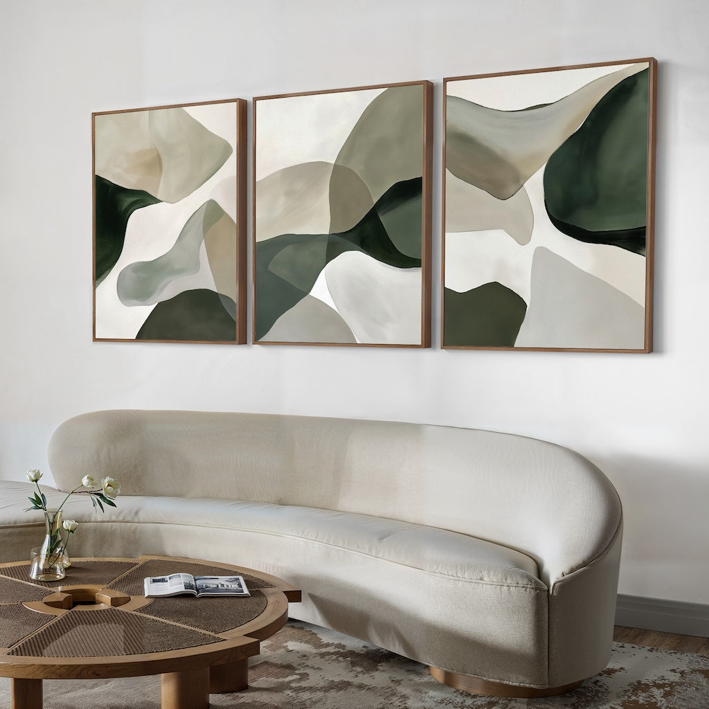 Abstract Organic Flow Art Set - Elegant Green and Neutral Tones