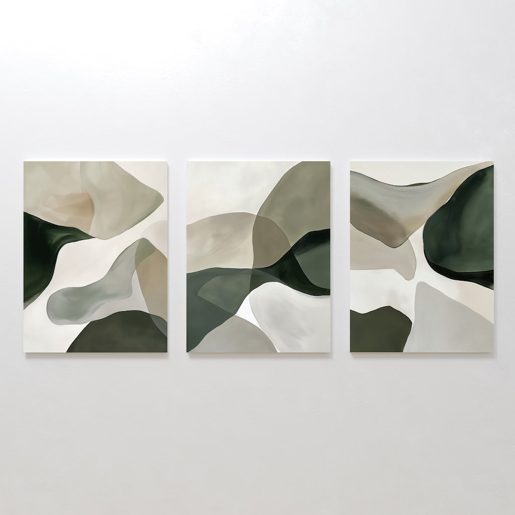 Abstract Organic Flow Art Set - Elegant Green and Neutral Tones