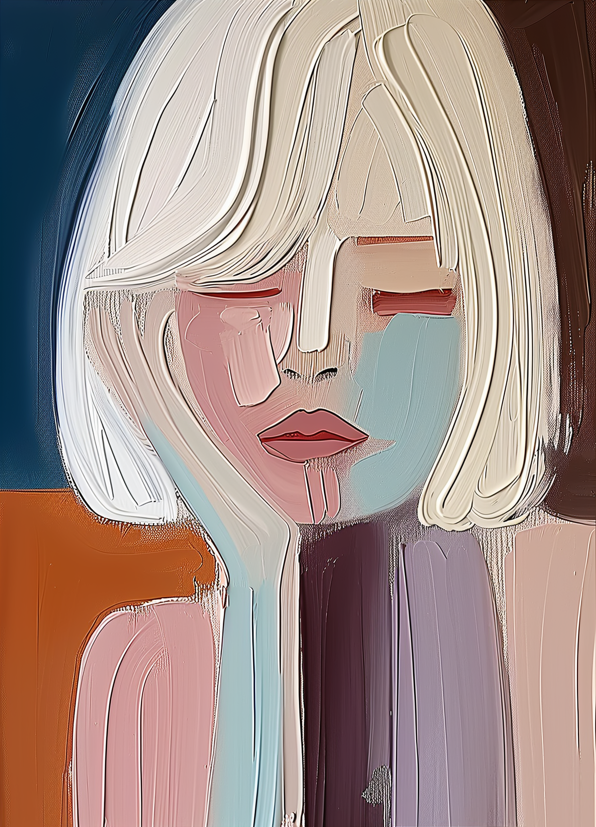Contemporary Abstract Oil Painting of a Thoughtful Woman in Soft Colors