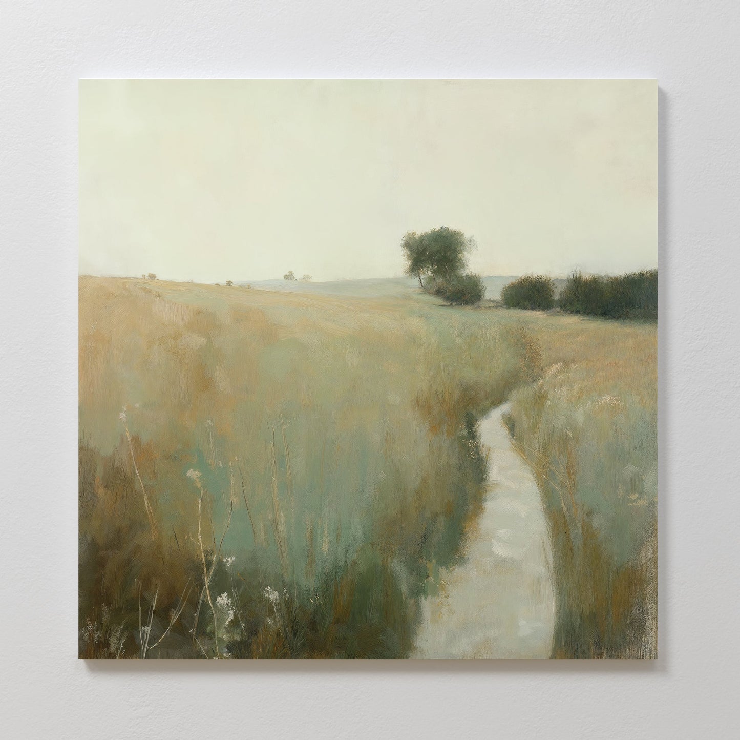 Serene Meadow Path Oil Painting | Tranquil Landscape Canvas Art for Home Decor