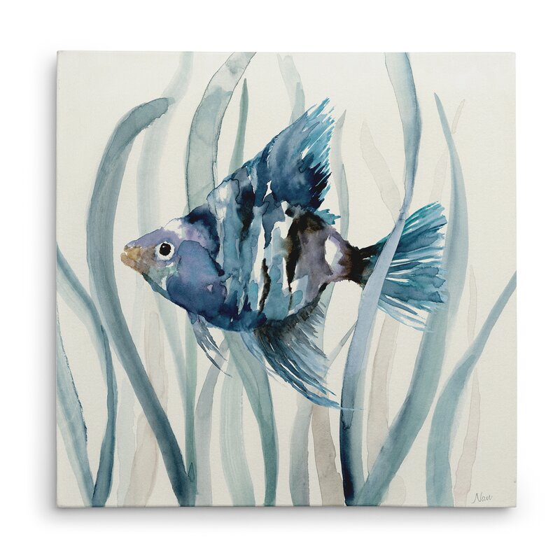 Vibrant Blue Fish Among Seagrass - Coastal Oil Painting for Serene Decor