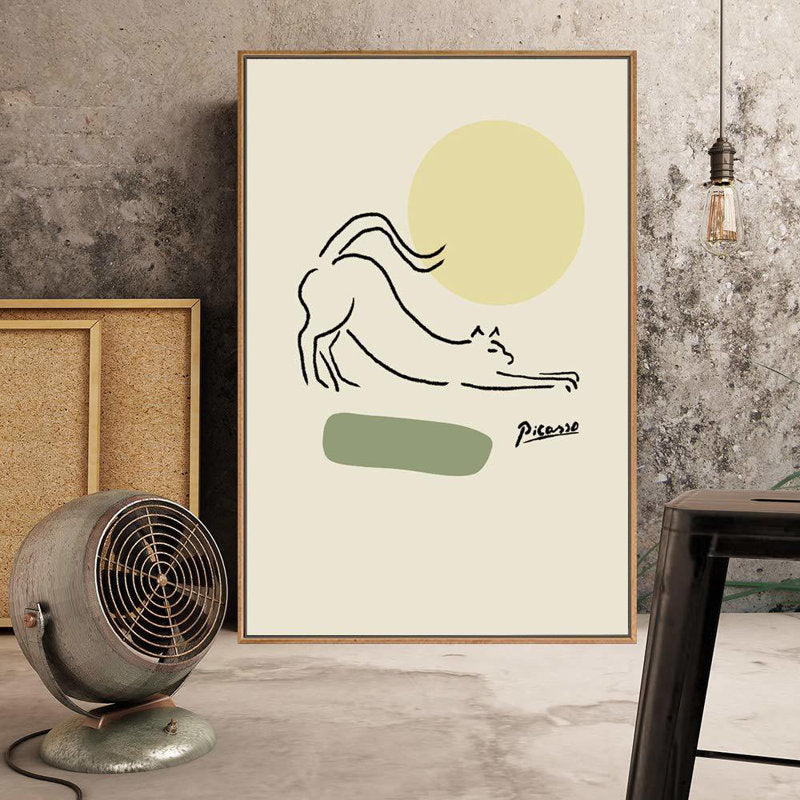 Minimalist Cat Stretching Wall Art with Green Circles - Framed Canvas Print