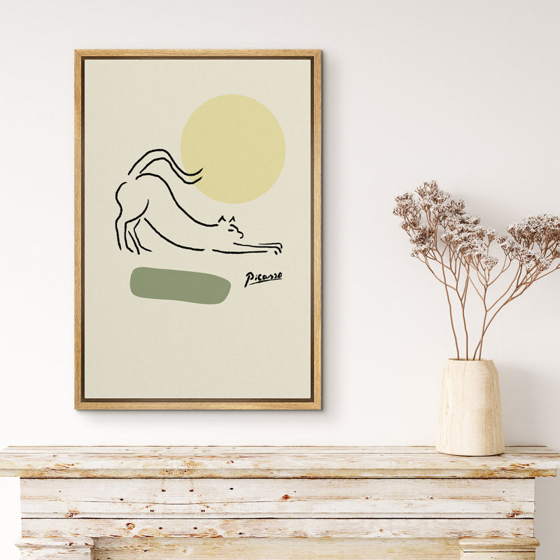 Minimalist Cat Stretching Wall Art with Green Circles - Framed Canvas Print