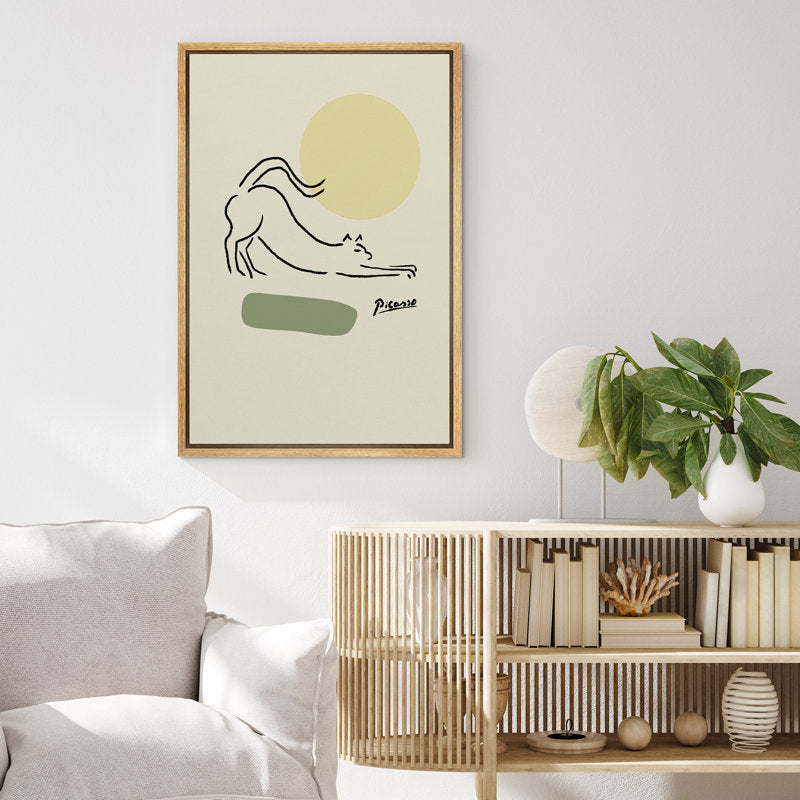 Minimalist Cat Stretching Wall Art with Green Circles - Framed Canvas Print