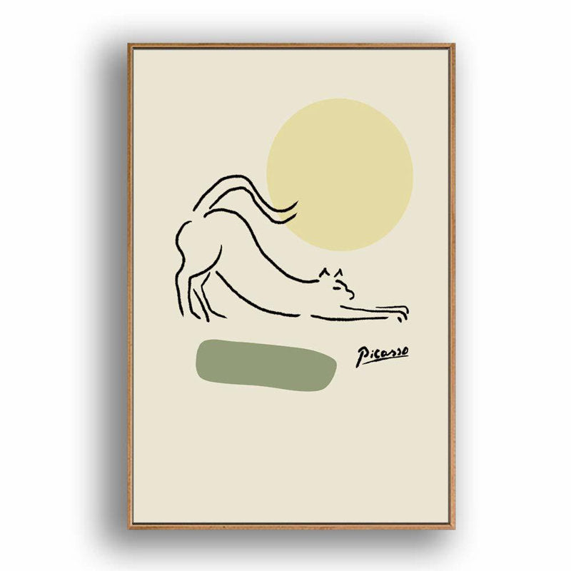 Minimalist Cat Stretching Wall Art with Green Circles - Framed Canvas Print
