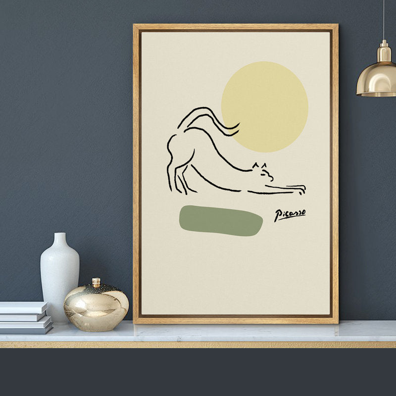 Minimalist Cat Stretching Wall Art with Green Circles - Framed Canvas Print