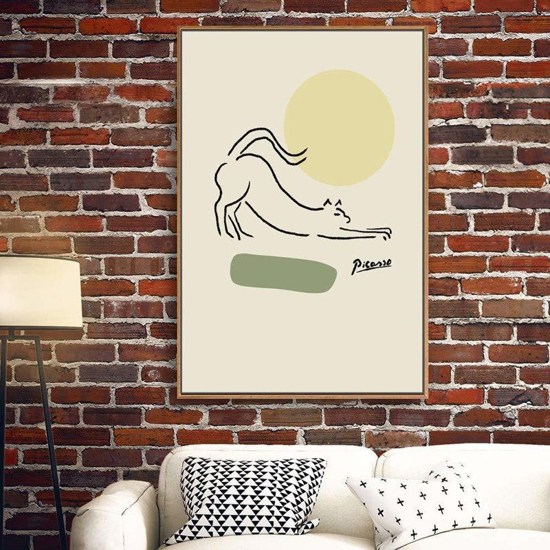 Minimalist Cat Stretching Wall Art with Green Circles - Framed Canvas Print