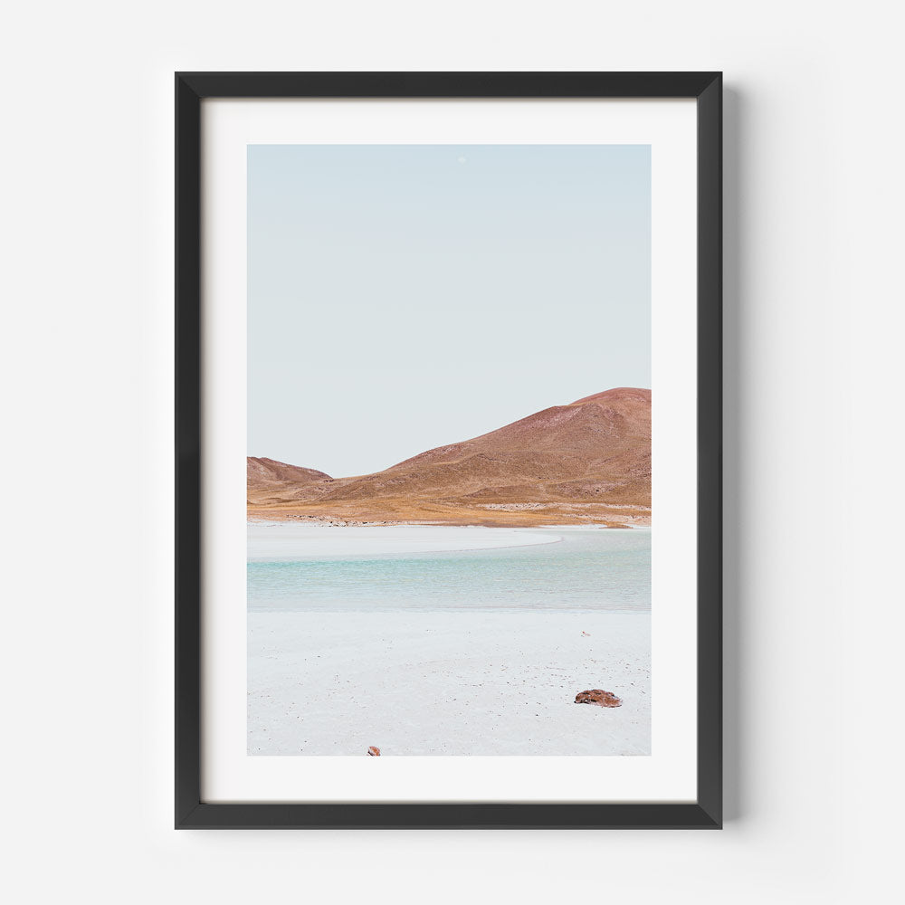 Serene Desert Landscape Oil Painting with Red Stones and Calm Waters
