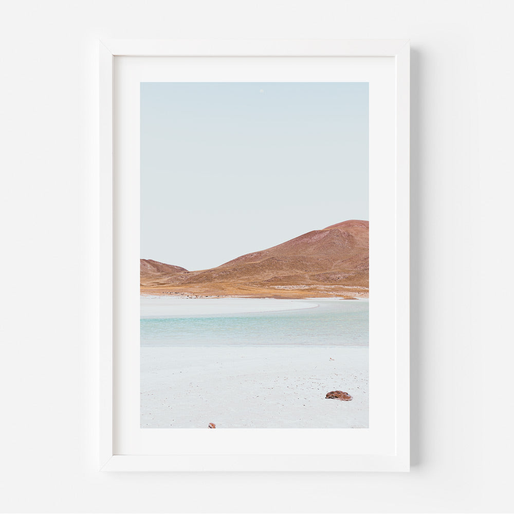 Serene Desert Landscape Oil Painting with Red Stones and Calm Waters