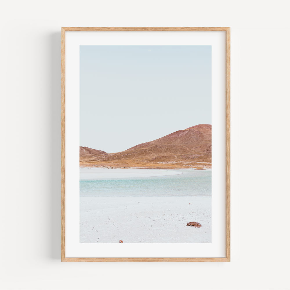 Serene Desert Landscape Oil Painting with Red Stones and Calm Waters