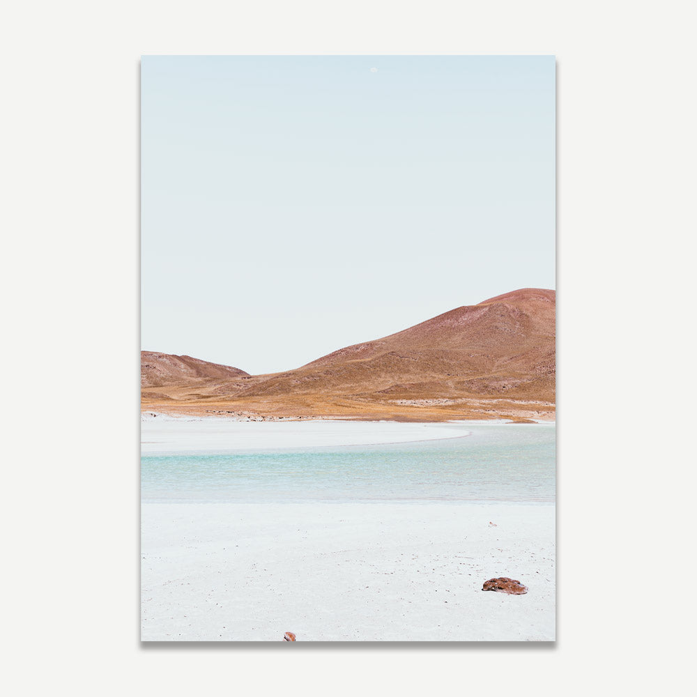Serene Desert Landscape Oil Painting with Red Stones and Calm Waters