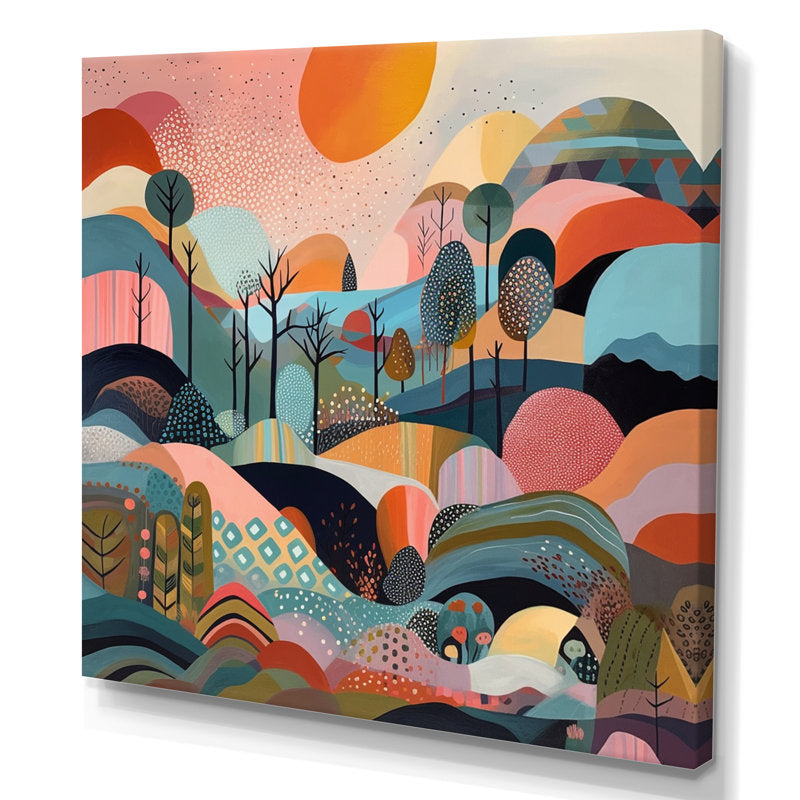 Vibrant Abstract Landscape Painting in Pink and Blue for Modern Home Decor