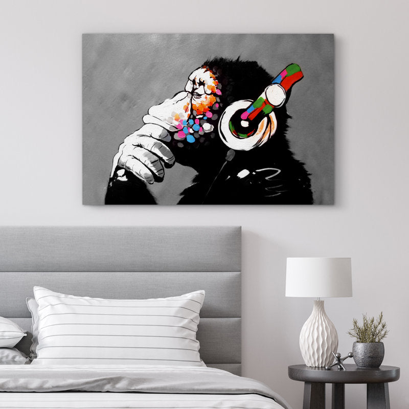 Urban Monkey Art: Colorful Graffiti with Headphones - Modern Street Art Oil Painting