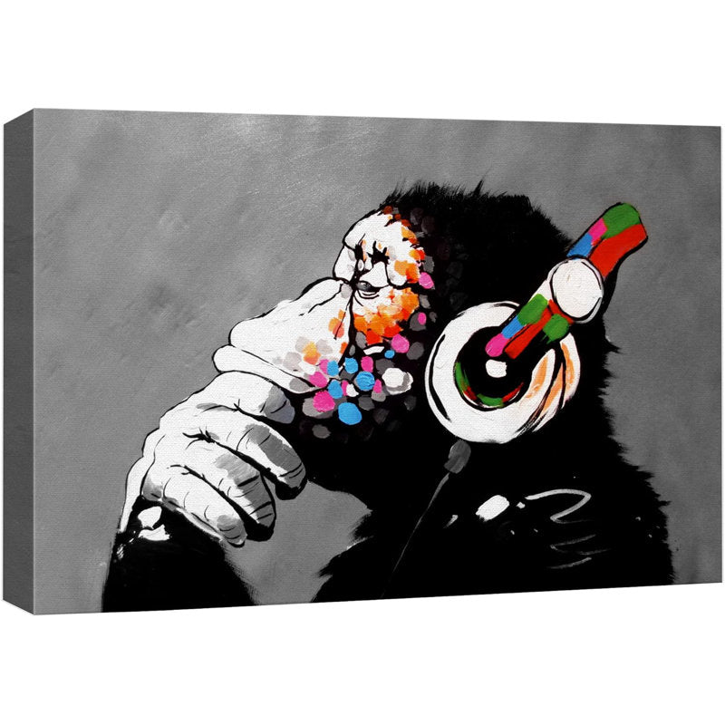 Urban Monkey Art: Colorful Graffiti with Headphones - Modern Street Art Oil Painting