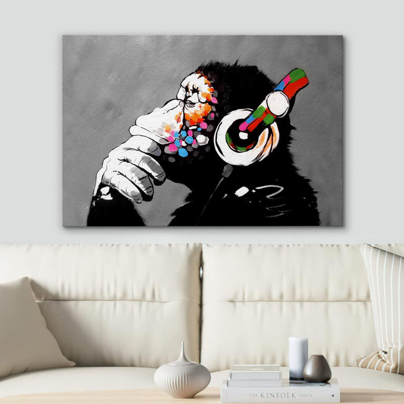 Urban Monkey Art: Colorful Graffiti with Headphones - Modern Street Art Oil Painting