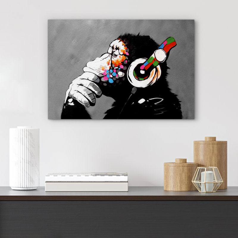 Urban Monkey Art: Colorful Graffiti with Headphones - Modern Street Art Oil Painting