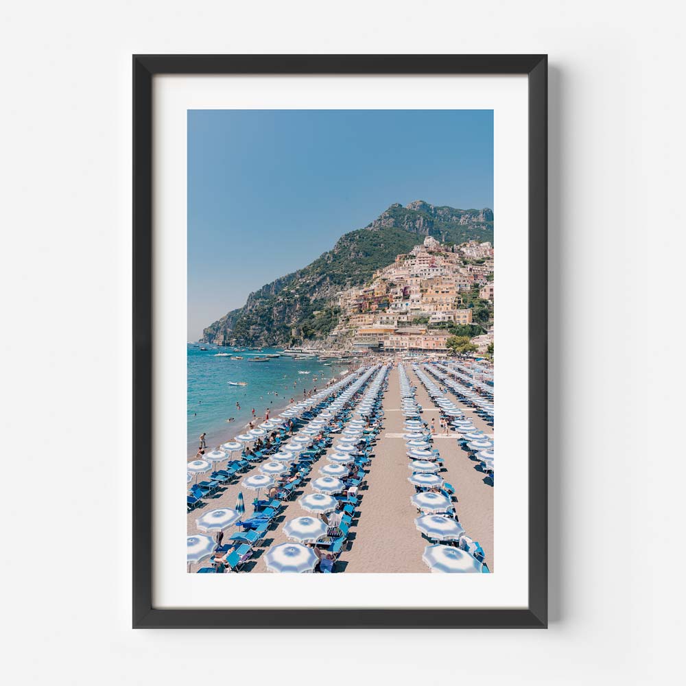 Dreamy Positano Beach Day Oil Painting with Colorful Umbrellas and Coastal Charm