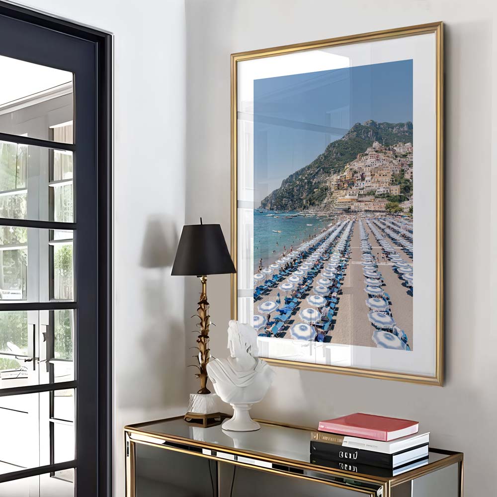 Dreamy Positano Beach Day Oil Painting with Colorful Umbrellas and Coastal Charm