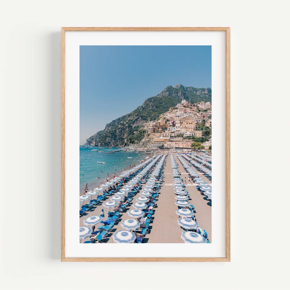 Dreamy Positano Beach Day Oil Painting with Colorful Umbrellas and Coastal Charm