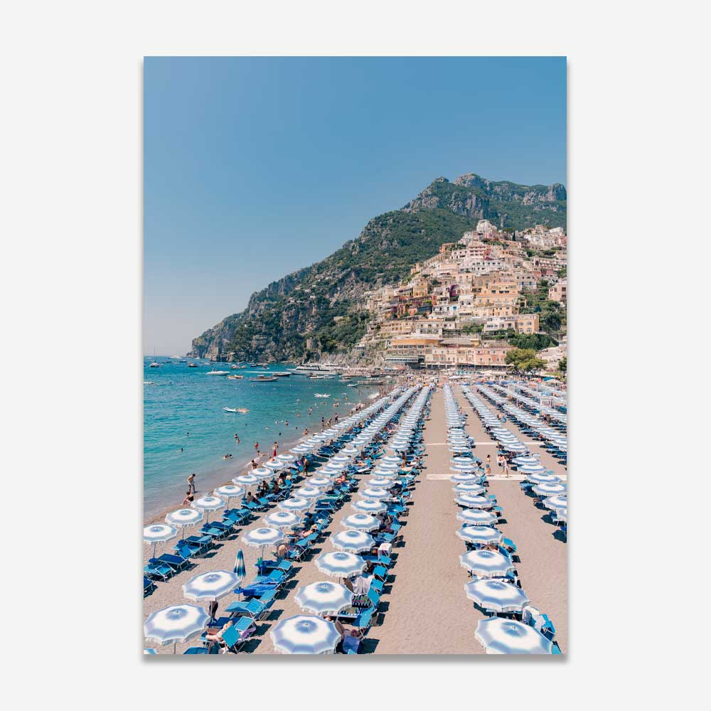 Dreamy Positano Beach Day Oil Painting with Colorful Umbrellas and Coastal Charm
