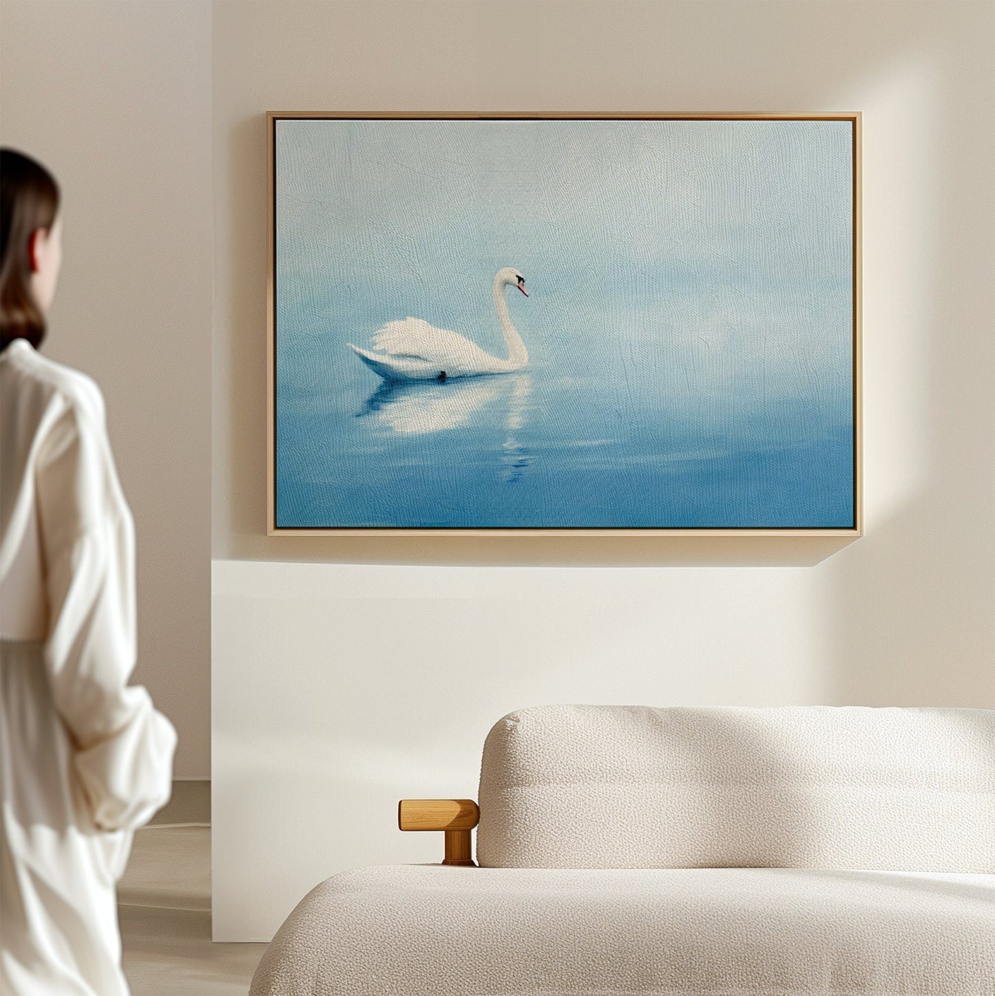 Serene White Swan Floating on Tranquil Blue Waters - Elegant Oil Painting Decor