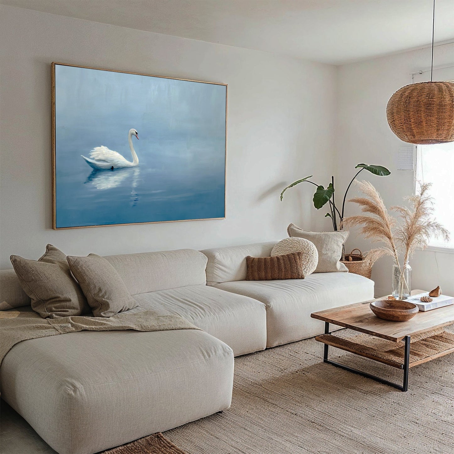 Serene White Swan Floating on Tranquil Blue Waters - Elegant Oil Painting Decor