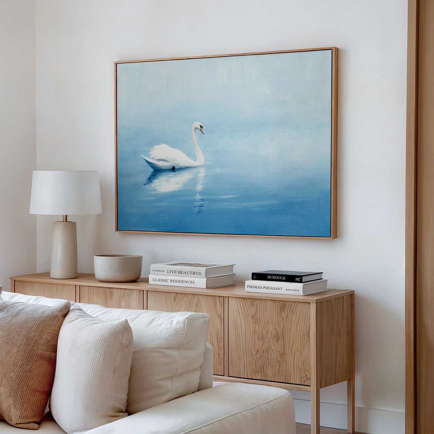 Serene White Swan Floating on Tranquil Blue Waters - Elegant Oil Painting Decor