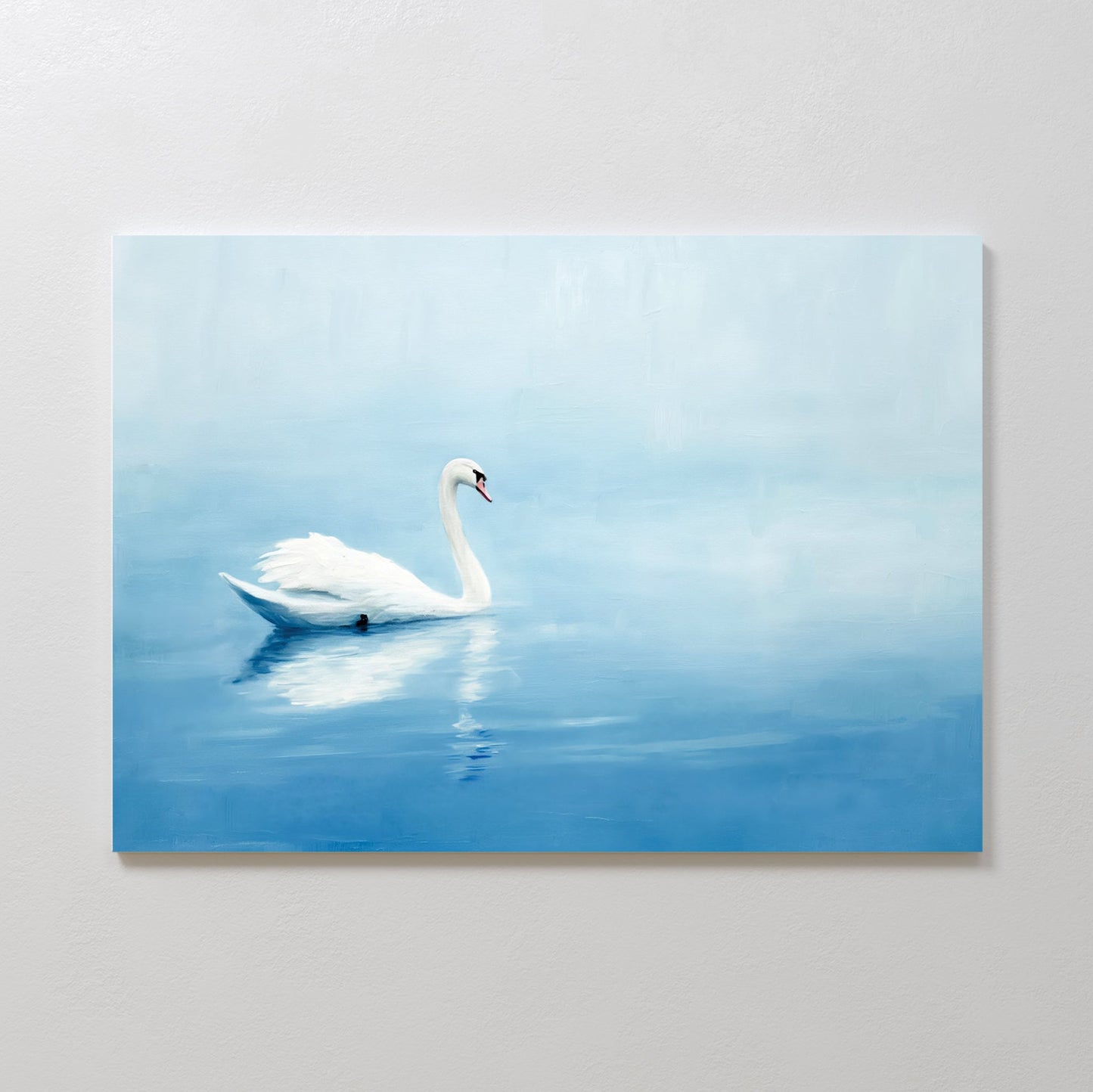 Serene White Swan Floating on Tranquil Blue Waters - Elegant Oil Painting Decor