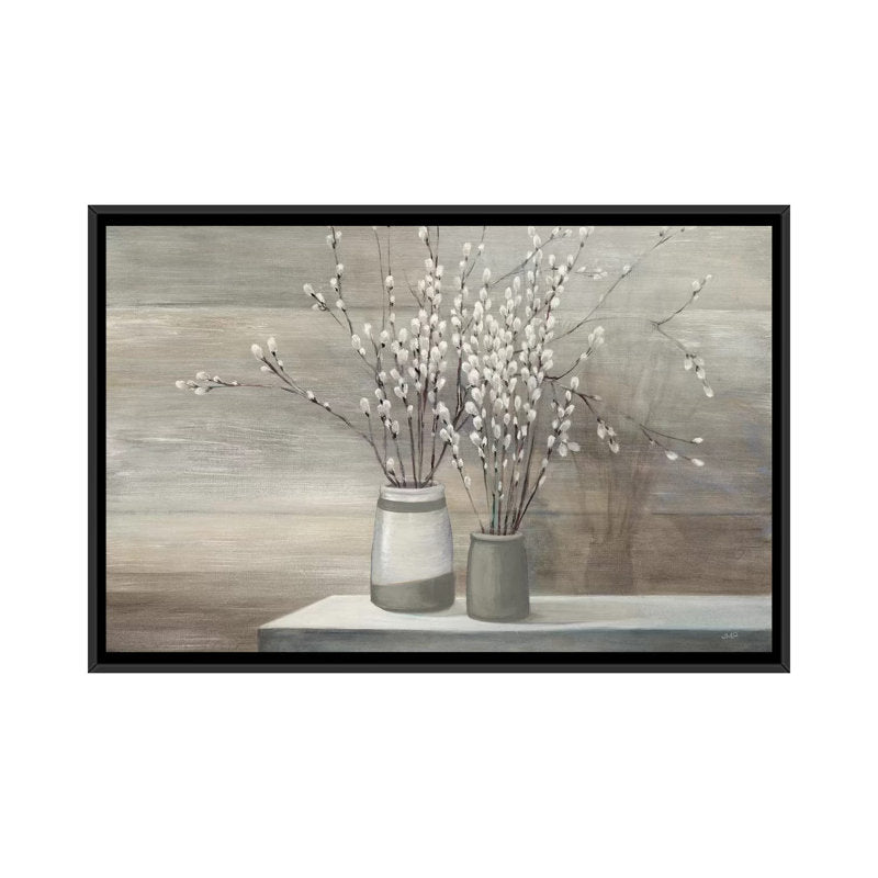 Elegant Still Life with Pussy Willows in Gray Pots - Timeless Canvas Art