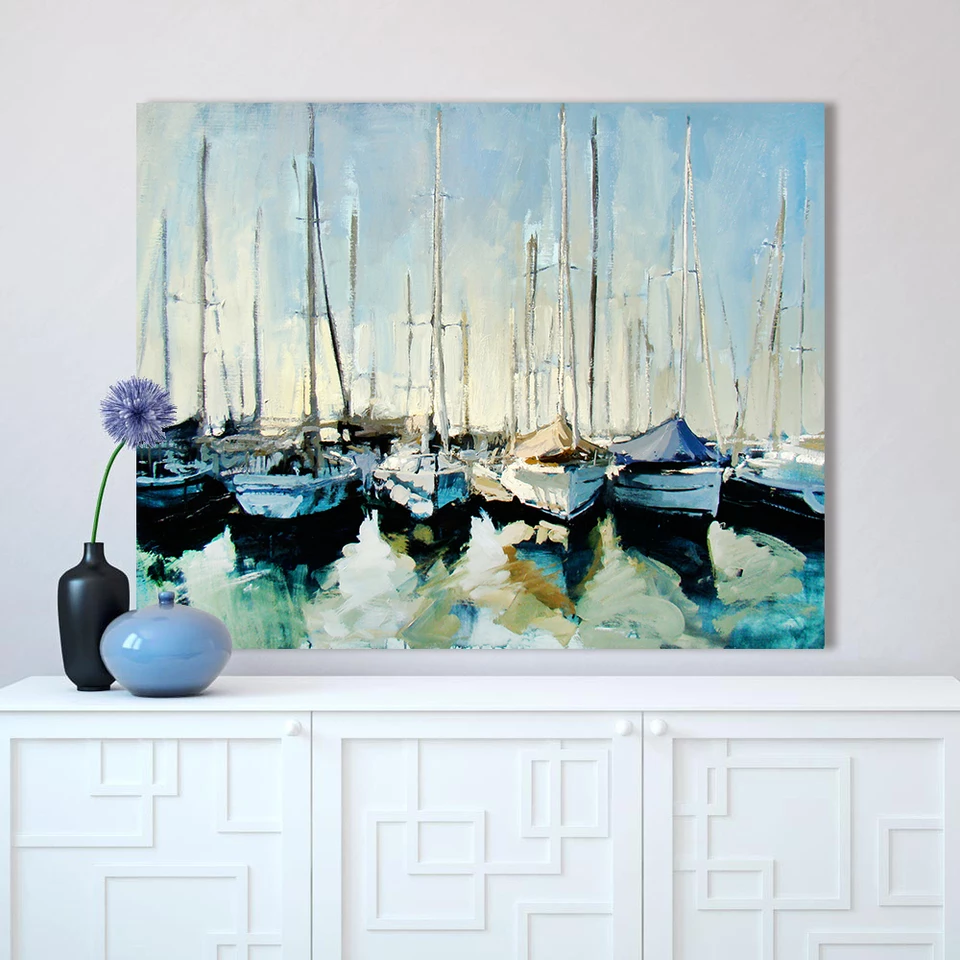 Serene Harbor Scene: Resting Sailboats In Tranquil Waters - Stunning Oil Painting